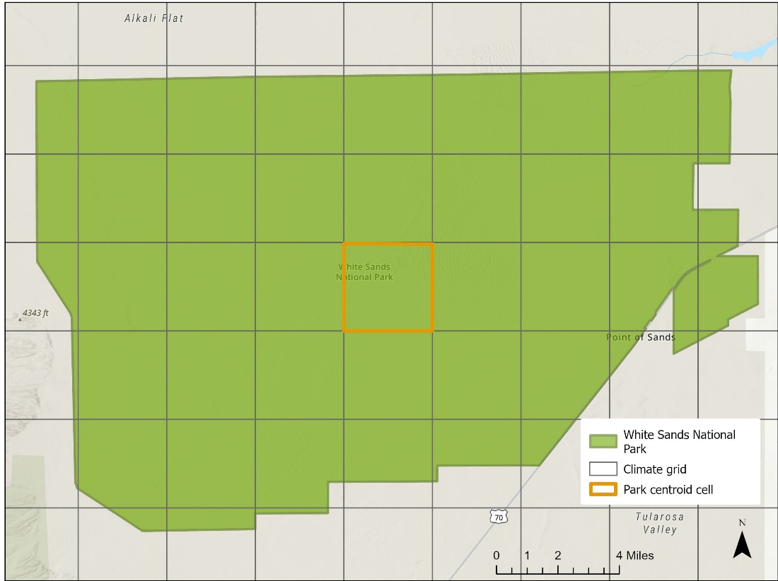 Figure 2. Map of the boundary of White Sands National Park, shaded in green, relative to the MACA climate data grid. The grid cell encompassing the park centroid is highlighted in orange, demonstrating the location of the data used relative to the park extent.
